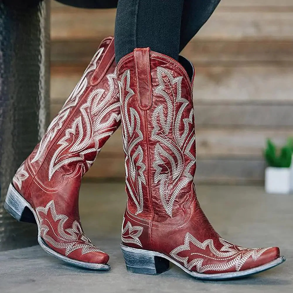 Embroidery Cowboy Boots For Women Knee High Med Calf Vintage Western Cowgirl Boots Women Heeled Casual Shoes Autumn Block Heel