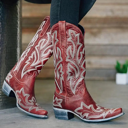 Embroidery Cowboy Boots For Women Knee High Med Calf Vintage Western Cowgirl Boots Women Heeled Casual Shoes Autumn Block Heel