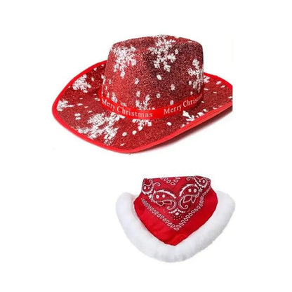 Chapeau de cowboy de Noël lumineux tendance, chapeau de jazz de cowgirl en feutre rouge à large bord pour hommes et femmes