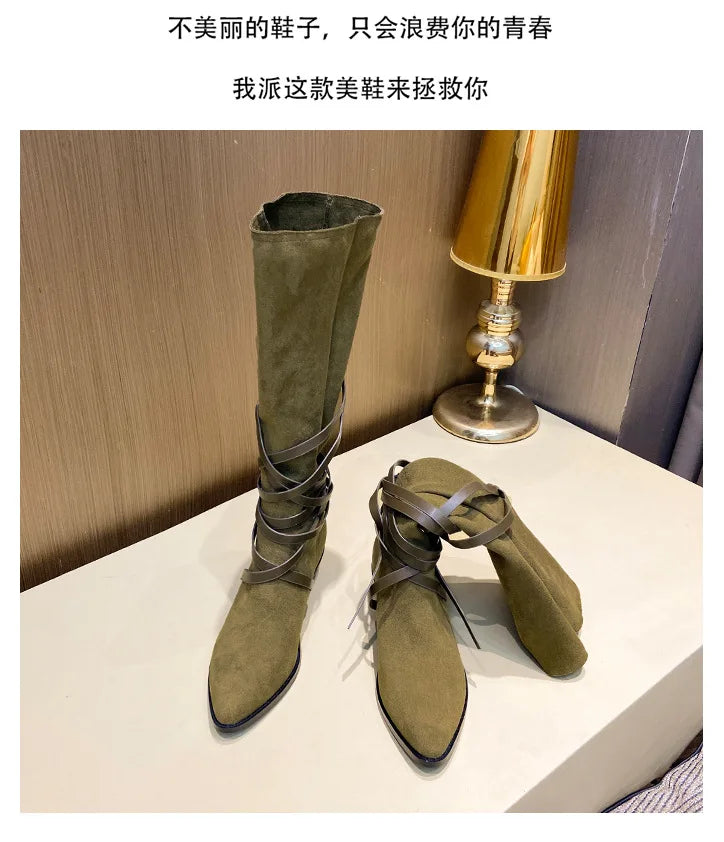 Matte Leather Gothic Western Cowboy Boots Women's Fashion Autumn New Style Pointed Toe Lace-up Retro High Top Flat Heel Boots