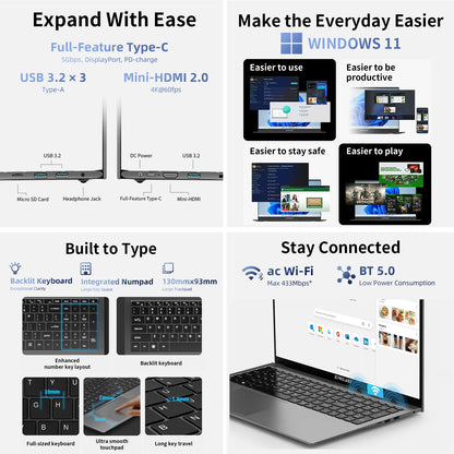 Teclast F17 Plus 2025 Laptop 17.3 inch Intel N150 Computer 16GB RAM 512GB SSD Windows 11 Pro 180° Flip Laptops mini-HDMI USB3.2