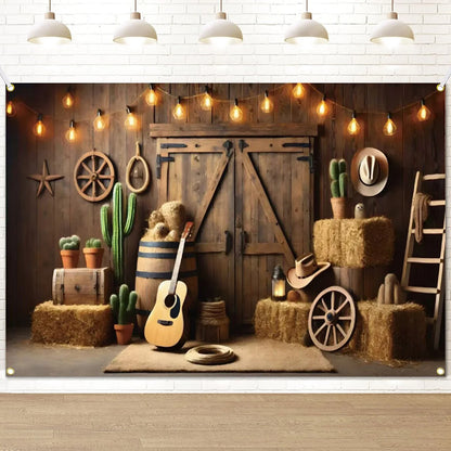 Western Party Backdrop Western Cowboy Party Decoration West Decor Wooden House Barn Photo Background for Birthday Wedding Supply