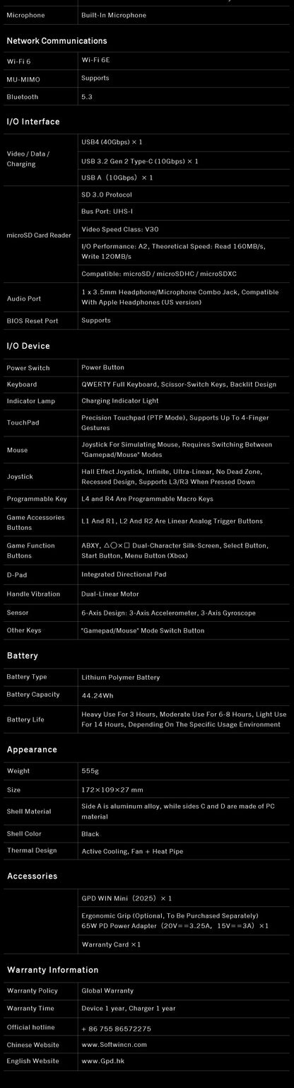 GPD 2025 WIN Mini 16 Go 32 Go de mémoire 1 To 2 To de disque dur SSD AMD Ryzen 8840U HX370 Processeur Ordinateur portable de jeu portable Mini PC portable