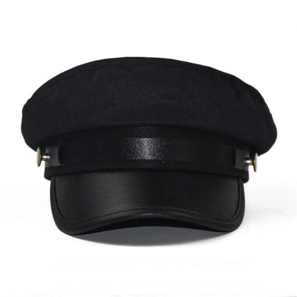 PU Leather Unisex Cycling Caps, Women Men Autumn Sailor Hat Black, Travel Student Hat, Flat Top Captain Hat