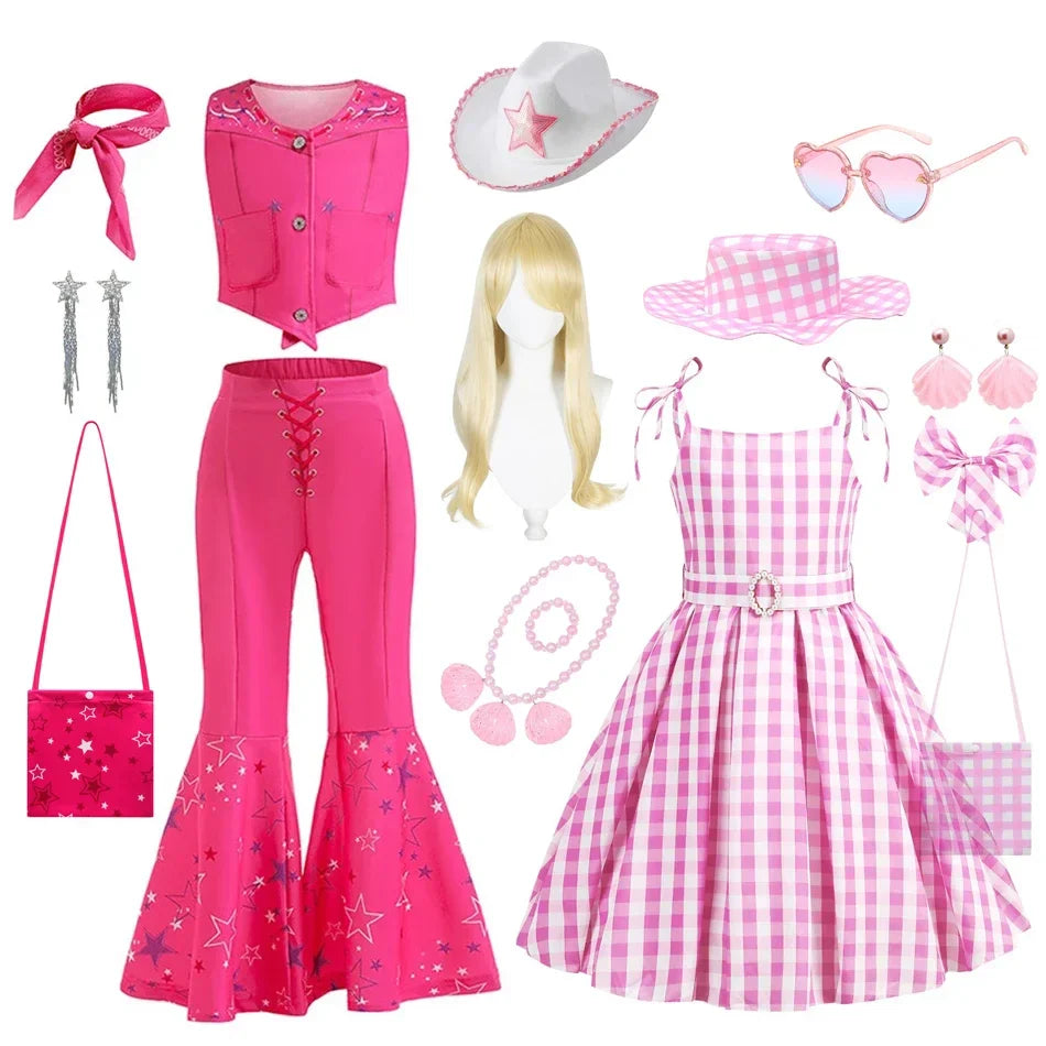 Costume de Cowgirl Robe de Fille Princesse Cosplay Costume Rose à Carreaux Tenue de Plage Anniversaire Halloween Fête Robe pour Enfants