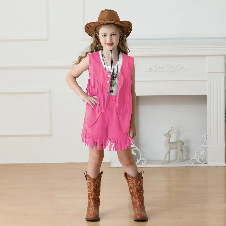 Costume de Cowboy pour filles, gilet à franges, Style bohème rétro, short en Denim occidental en velours pour filles, Costume Hippie
