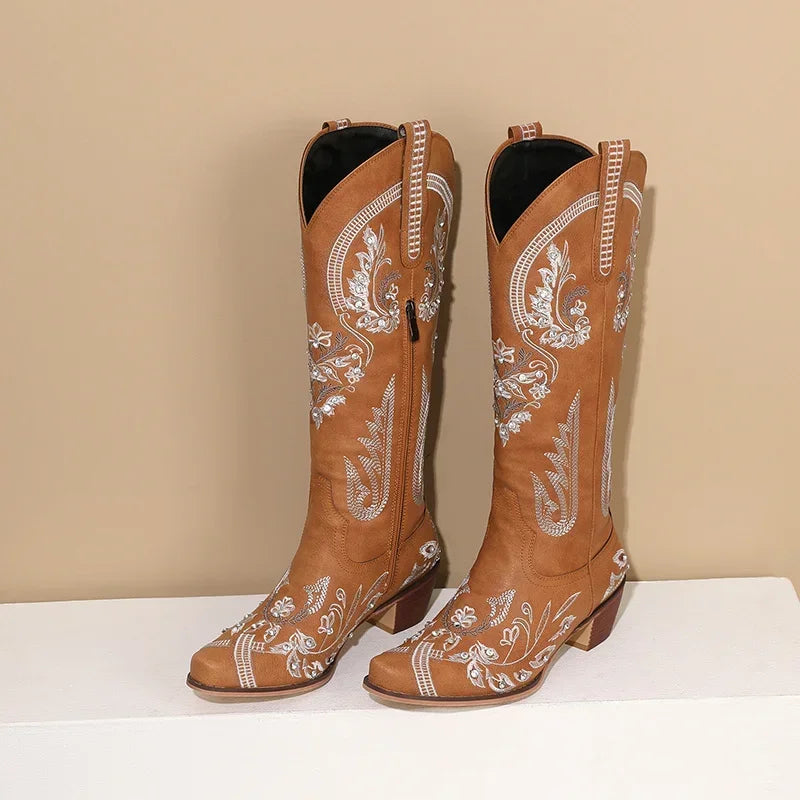 Bottes de cowboy occidentales au genou pour femmes, broderie de fleurs, biscuits, blanc, marron, rond, Parker, talons hauts, rétro, bottes longues de cowgirl