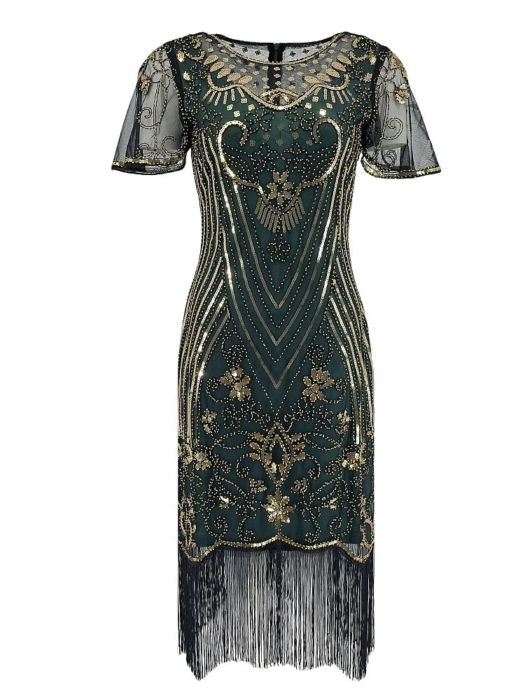 Flapper Dresses 1920s Gatsby Roaring 20s Sequin Beaded Fringe Dress Crew Neck See-through Themed Party Club Dress