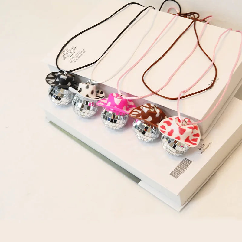 1Pcs Pink Cowgirl Cowboy Hat Disco Ball Neckalace 80s Silver Mirror Balls Pendant for Wedding Birthday Party Favors Decoration