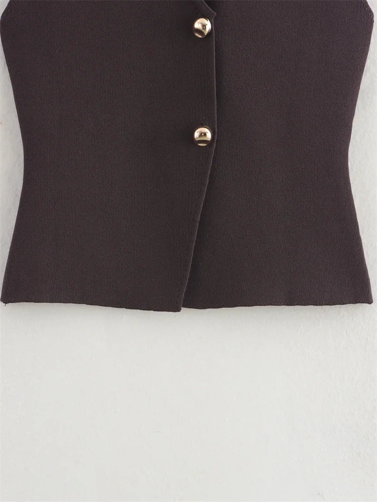 Zevity New Women Fashion V Neck Sleeveless Golden Buttons Knitted Vest Sweater Female Chic Solid Color Slim Cardigan Tops LS6273