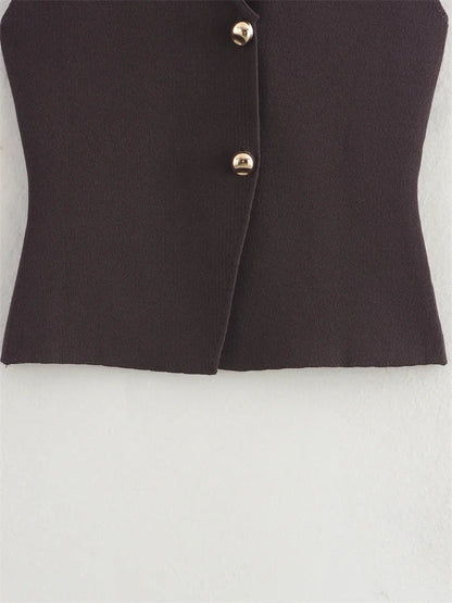 Zevity New Women Fashion V Neck Sleeveless Golden Buttons Knitted Vest Sweater Female Chic Solid Color Slim Cardigan Tops LS6273