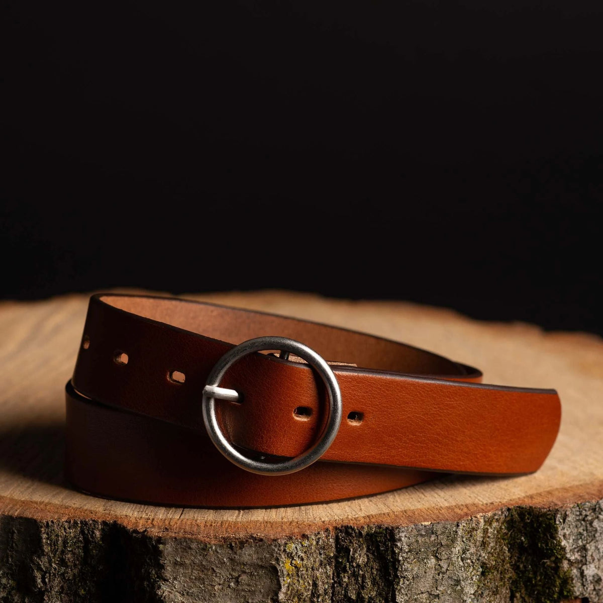 Sempre - Cognac Vachetta Leather Waist Belt with Circular Buckle - Made in Canada