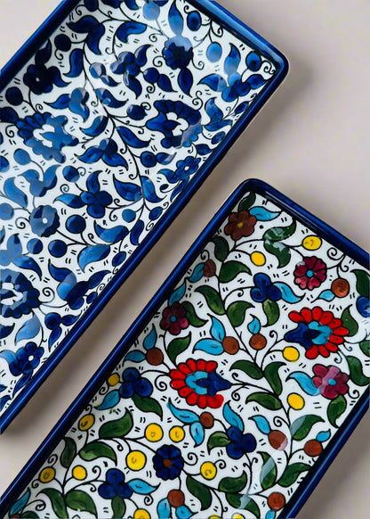 Plats de service | Ronds et rectangulaires – Céramique palestinienne peinte à la main | Multicolore et Bleu marine