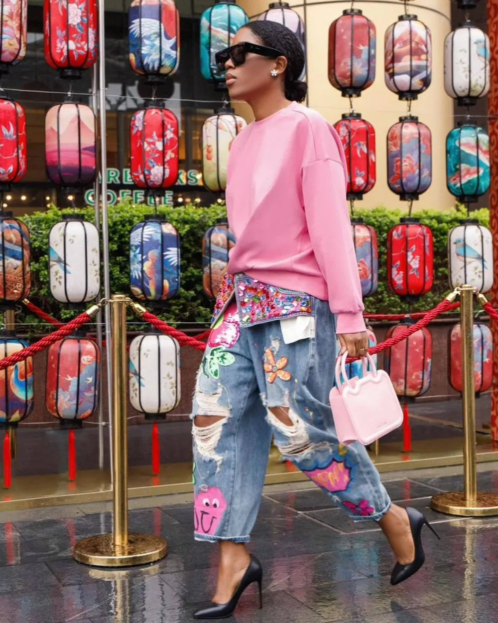 FAGADOER Jean ample à imprimé et couture diamant avec trous pour femme, taille haute, bouton, poche, en denim, pantalon décontracté, streetwear féminin