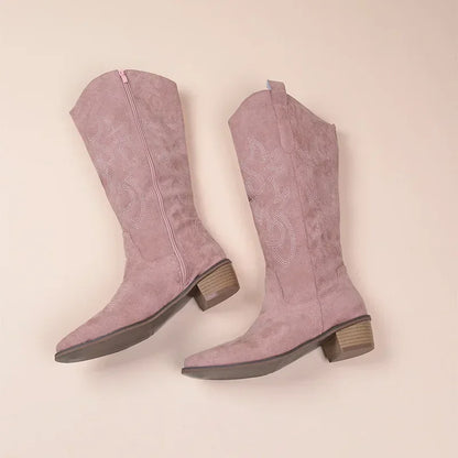 Bottes de Cowboy occidentales brodées pour femmes, bout pointu, talon épais, bottes hautes aux genoux, amples, en cuir PU, longues, automne