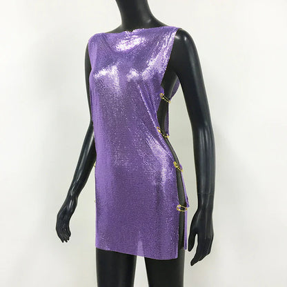 Shiny Y2k Metallic Sequins Mini Dresses For Women Sleeveless Backless Sexy Low Cut See Through Sexy Solid Clubwear Party Dress