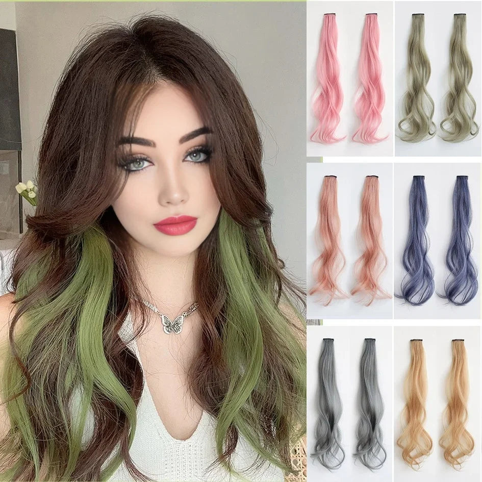 Extensions de cheveux bouclés colorés synthétiques 2 pièces/ensemble 50cm/60cm, ondulation d'eau rose/bleu/violet, perruque Halloween/Noël