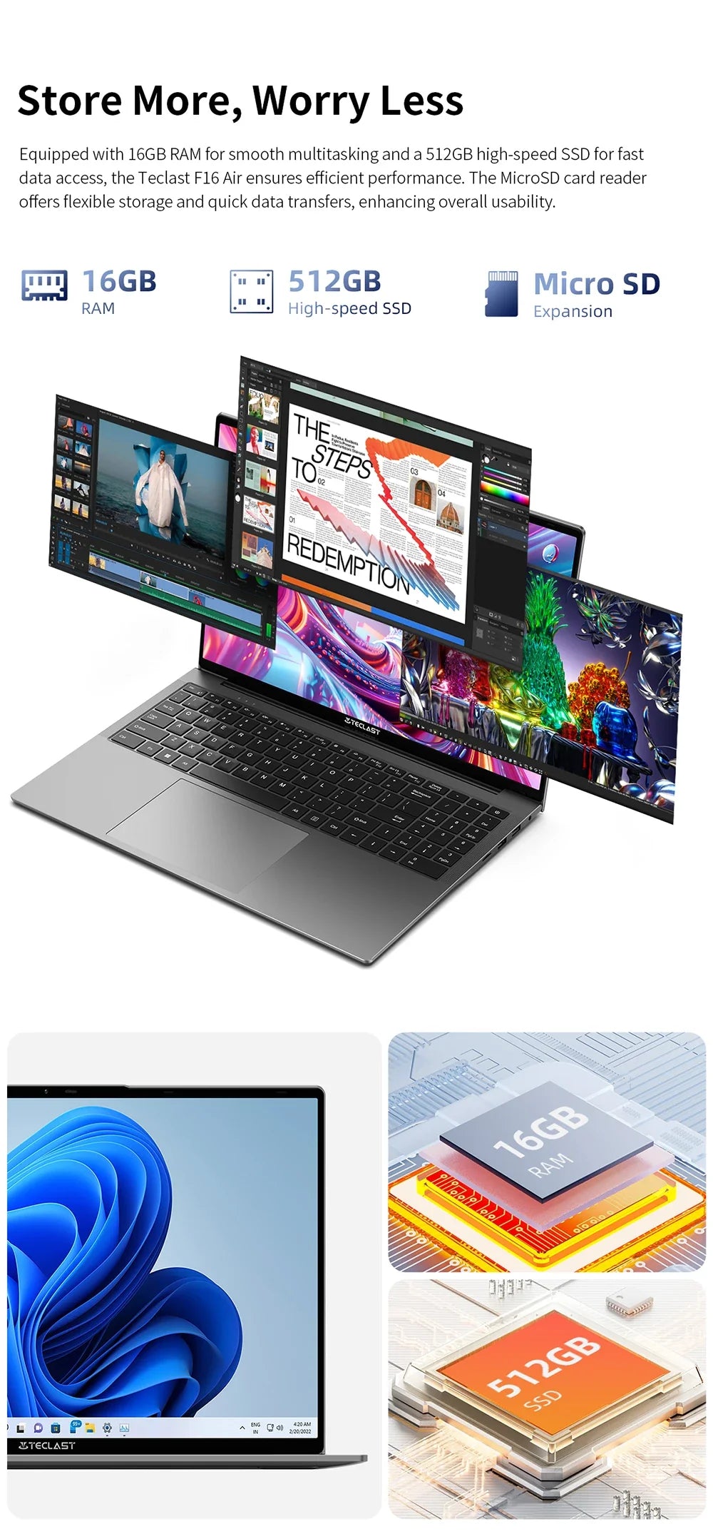 Ordinateur portable TECLAST F16 Air 16 pouces, rabattable à 180 degrés, 16 Go + 512 Go, processeur Intel N95, Windows 11, mini HDMI, clavier rétroéclairé
