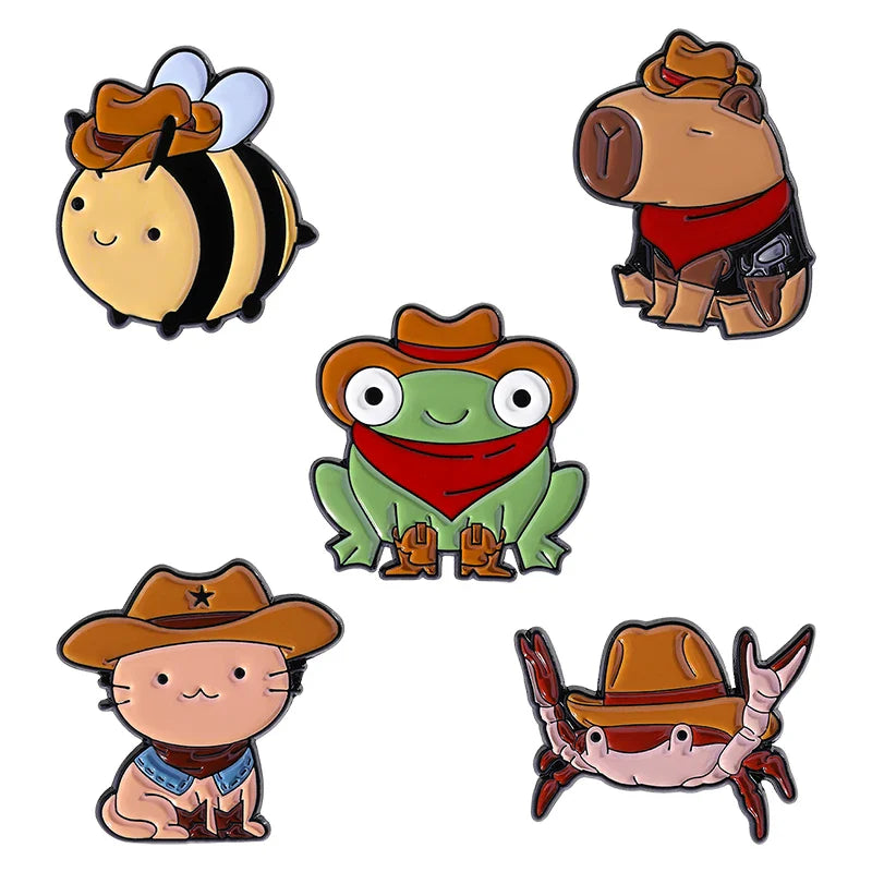 Cowboy Frog Bee Capybara Enamel Pin Cartoon Cowboy Lion Crab Animal Brooches Bag Lapel Bag Badge Funny Jewelry Gift for Friends