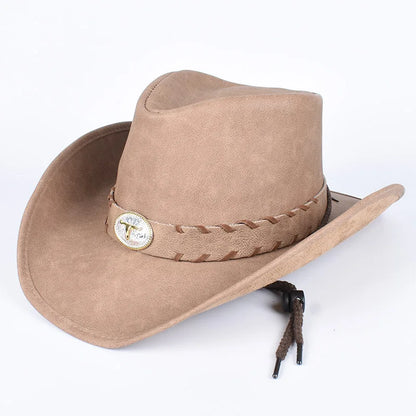 Chapeau de Cowboy occidental classique pour hommes et femmes, casquette de Cowgirl en Faux cuir noir, décontracté pour l'extérieur, Sombrero Hombre avec corde coupe-vent