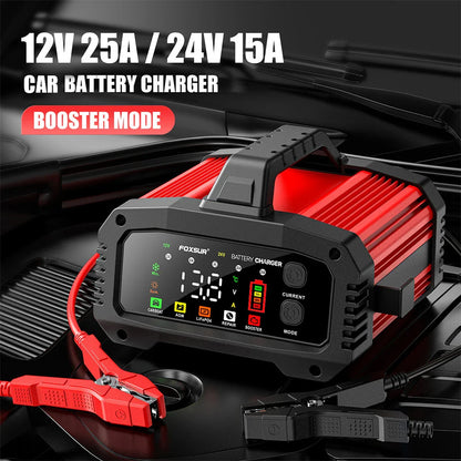 Portable 25A/15A Smart Car Battery Charger Car Booster Pulse Repair for 12V-24V Motorcycle Lead Acid AGM GEL LiFePo4 Batteries