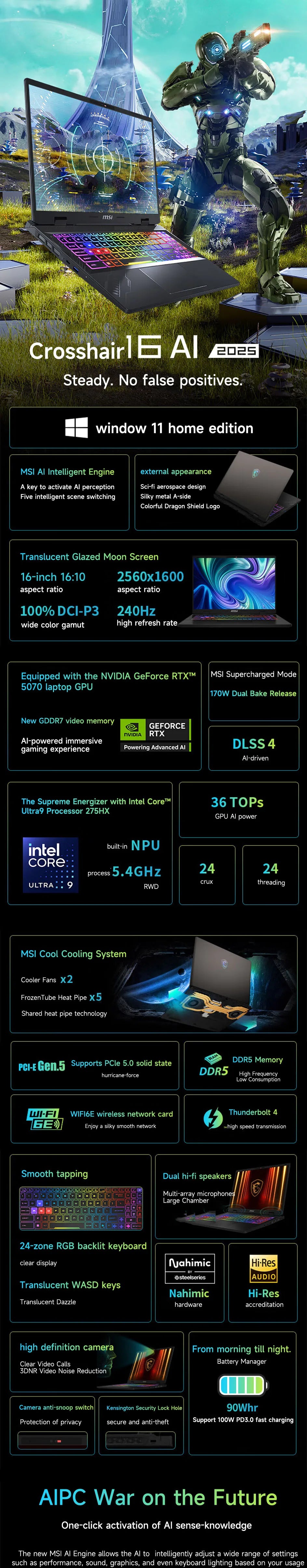 2025 MSI Crosshair 16 HX AI Gaming Laptop 16 Inch QHD 2.5K 240Hz IPS Screen Netbook Intel Ultra 9-275HX 32GB 2T RTX5060 Notebook
