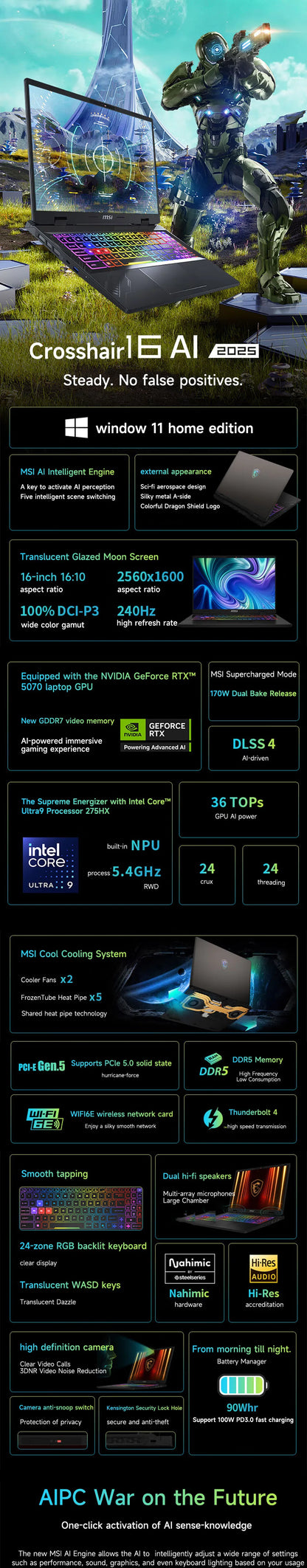 2025 MSI Crosshair 16 HX AI Gaming Laptop 16 Inch QHD 2.5K 240Hz IPS Screen Netbook Intel Ultra 9-275HX 32GB 2T RTX5060 Notebook