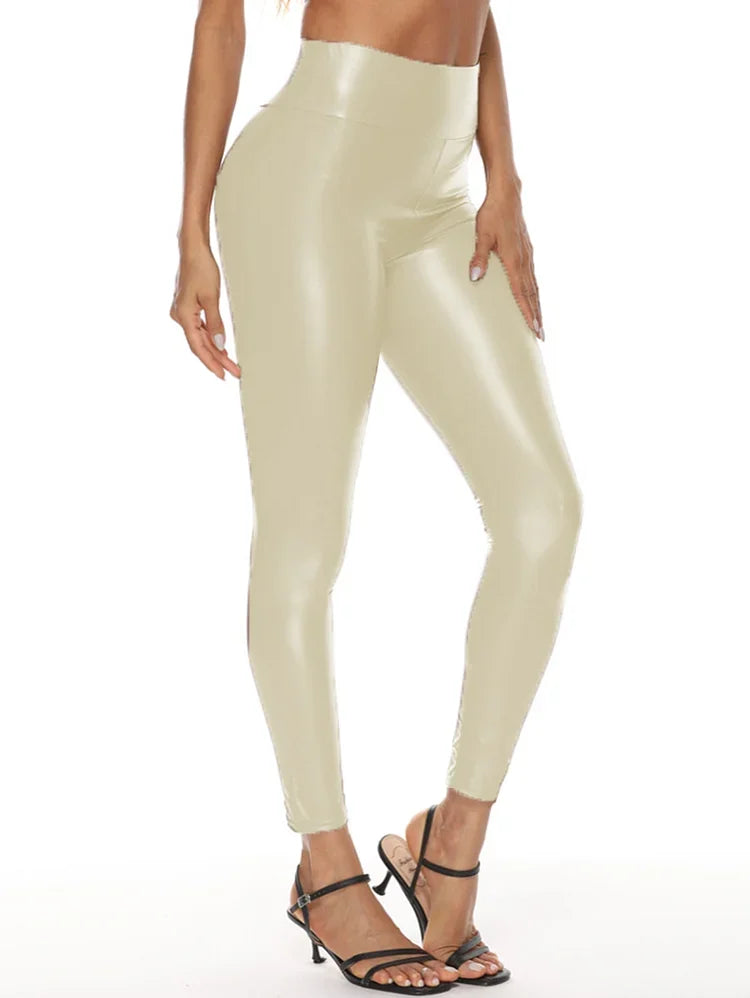 PU Leather Women Trousers High Rise Patent Leather Leggings Pants Casual Vintage Fashion Solid Skinny Leather Pant Streetwear