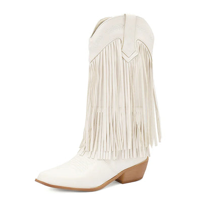 Bottes de cowboy pour femmes, brodées, à glands, talons épais, bout pointu, roses, de style western, bottes compensées sans lacets pour femme