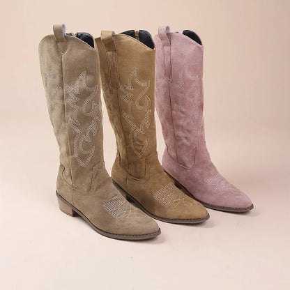 Bottes de cowboy Western brodées pour femmes, bottes hautes à talons épais et bouts pointus, en cuir PU souple, longues, pour l'automne.