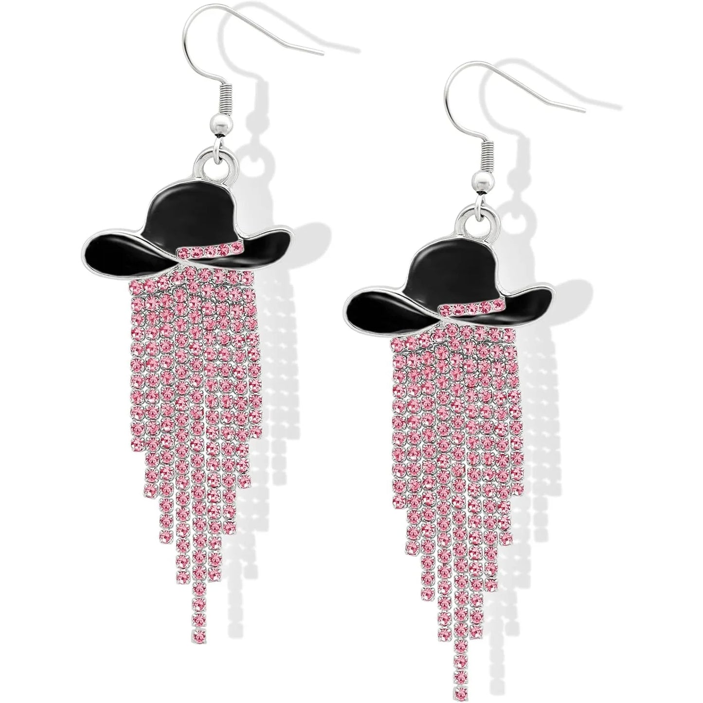 Boucles d'oreilles pendantes de cowgirl de l'Ouest, Chapeau en émail, Pendentif à pompon strass scintillant, Bijoux pour femmes pour bal, concerts country, rodéo, cow-boy
