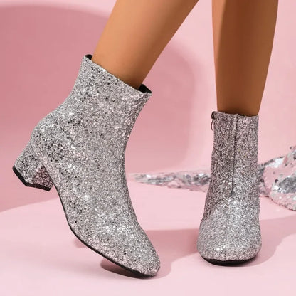 Bottes à paillettes et sequins pour femmes, avec fermeture éclair, talons épais, bottines à bout rond, chaussures de soirée pour femmes