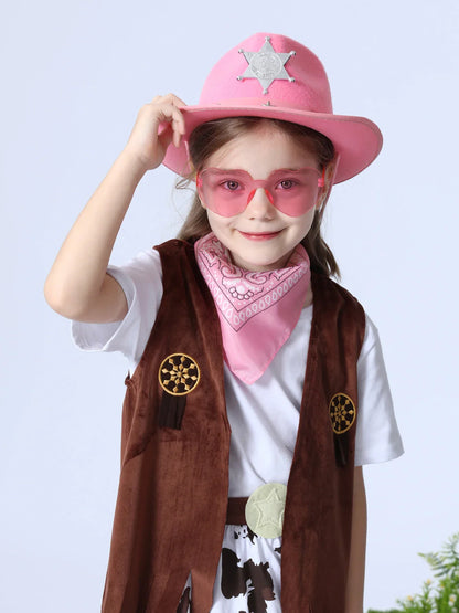 Chapeau de Cowgirl rose pour filles et enfants, chapeau de Cowboy avec lunettes Bandana, casquette de princesse occidentale, accessoires de Costume de fête d'anniversaire
