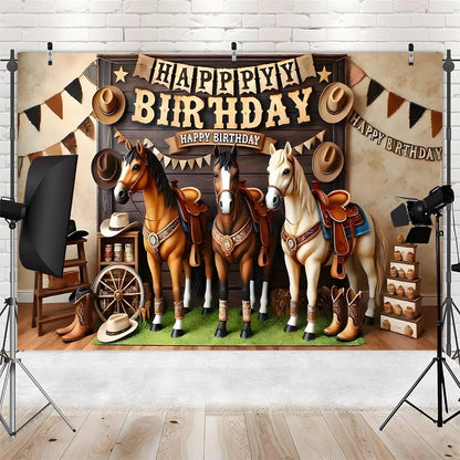 1 "Happy Birthday West" themed background banner - polyester, cowboy and horse print with rustic wood design