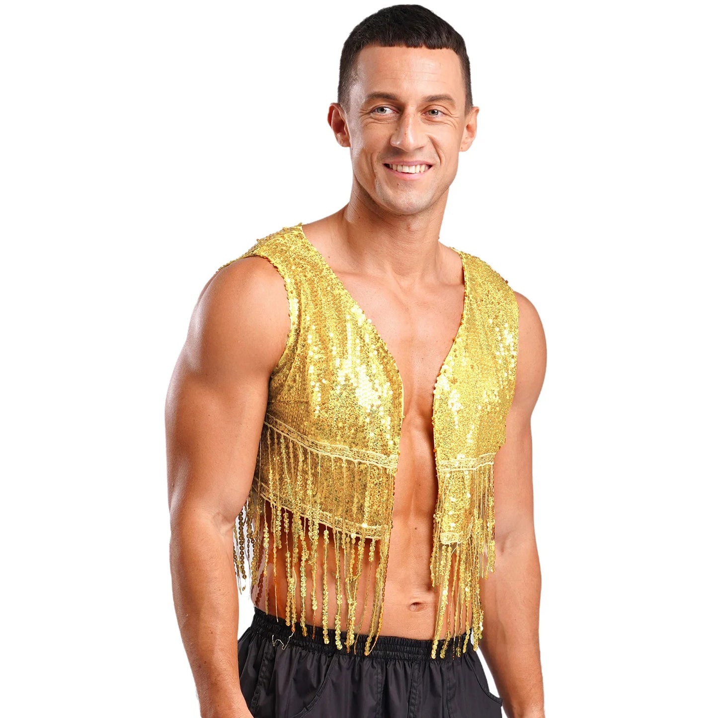 Mens Cowboy Western Costume Shiny Vintage 70s Disco Costumes Fringe Sequin Waistcoat Sleeveless Open Front Cropped Vest Cardigan