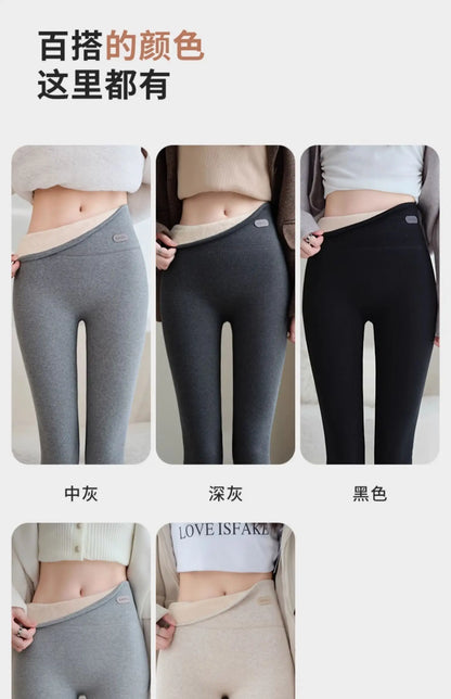 Leggings 420g 92% coton avec doublure polaire pour vêtements d'hiver, polaire d'agneau épaisse en coton pour femmes, pantalon chaud gris taille haute
