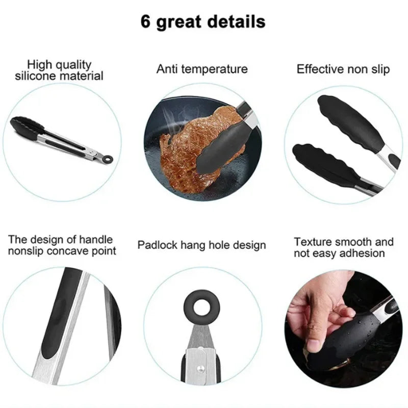 9" Stainless Steel Food Tongs, Non-Stick Silicone Cooking Tongs, Outdoor Salad and Bread Utensils, Kitchen Accessories