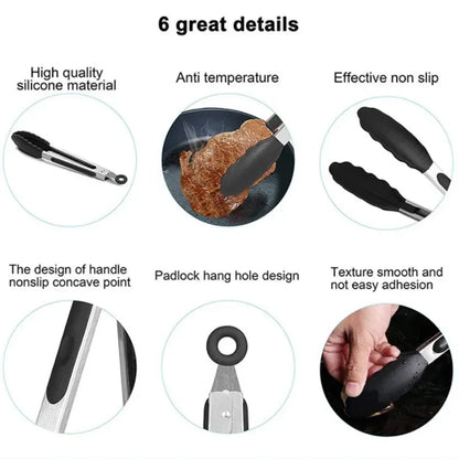 9" Stainless Steel Food Tongs, Non-Stick Silicone Cooking Tongs, Outdoor Salad and Bread Utensils, Kitchen Accessories