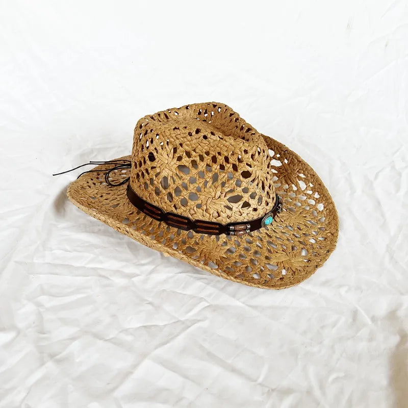 Ethnic Style Western Cowboy Straw Hats Women Handmade Hollowed Sun Hats Shapeable Beach Hat Panama with Detachable Chin Strap