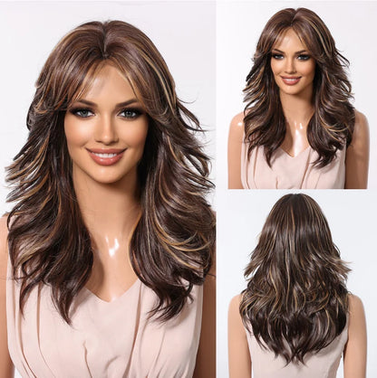 Brown Blonde Ombre Synthetic Wigs for Women Medium Length Wavy Layered Wigs With Side Bangs Daily Party Heat Resistant Fake Hair