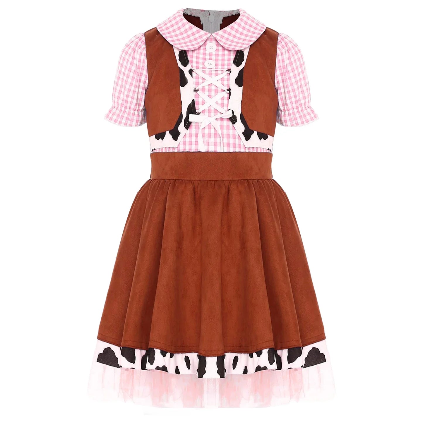 Kids Girls Western Cowboy Cowgirl Costume Halloween Cosplay Dress Puff Sleeve Cow Print Gingham A line Carnival Party Dress Up