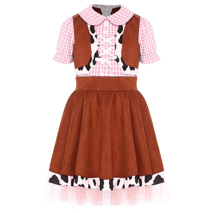 Kids Girls Western Cowboy Cowgirl Costume Puff Sleeve Cow Print Gingham A-line Dress Halloween Carnival Cosplay Party Dress Up