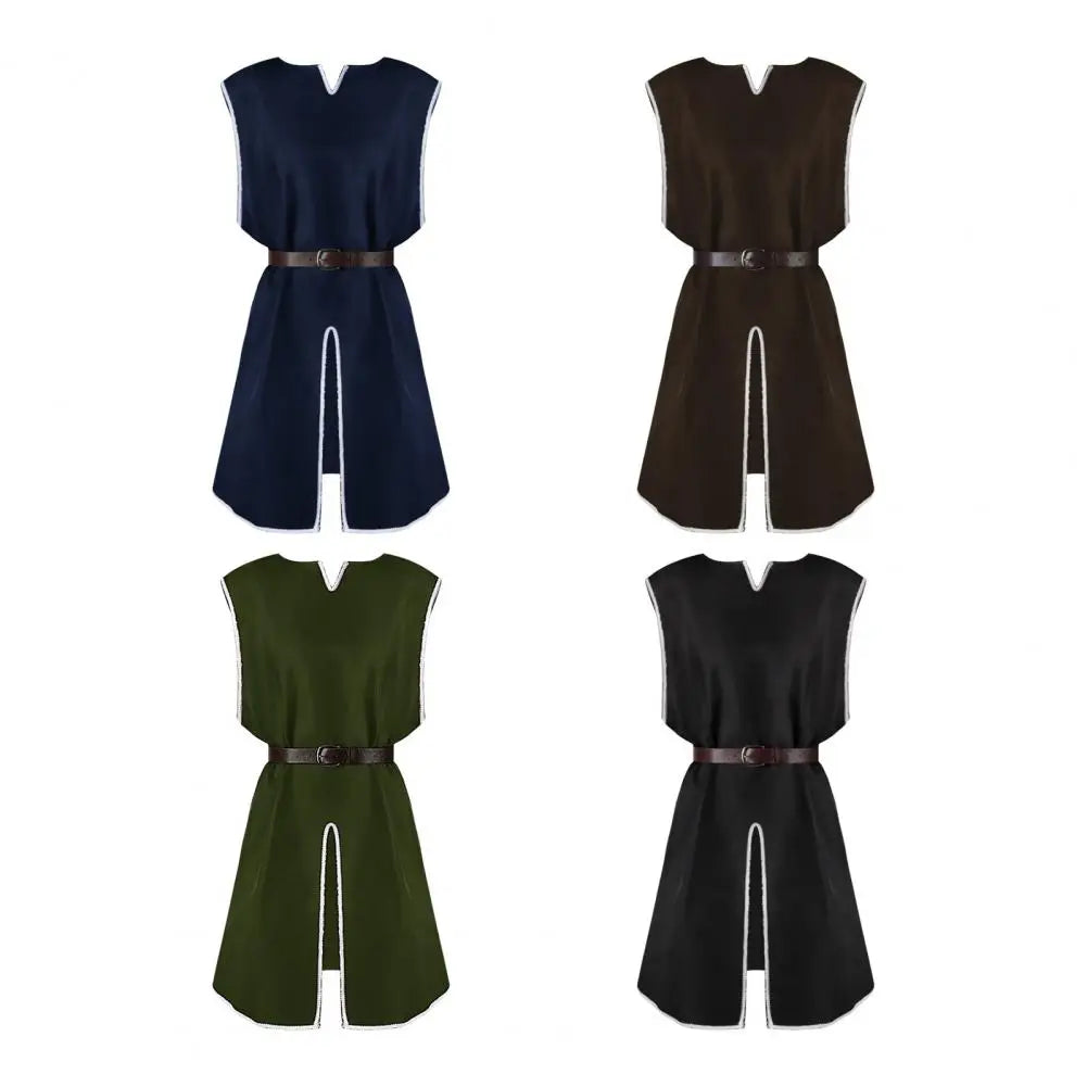 Medieval Viking Tunic Shirt V-Neck Sleeveless With Belt Mid Length Plus Size Cosplay Performance Halloween Costume Pirate Top