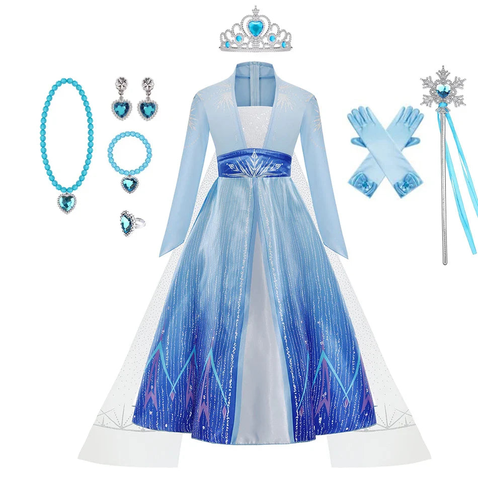Déguisement Elsa pour Fille, Fête d'Anniversaire, Robe de Princesse Bleue à Manches Longues, Vêtement de Carnaval pour Enfants