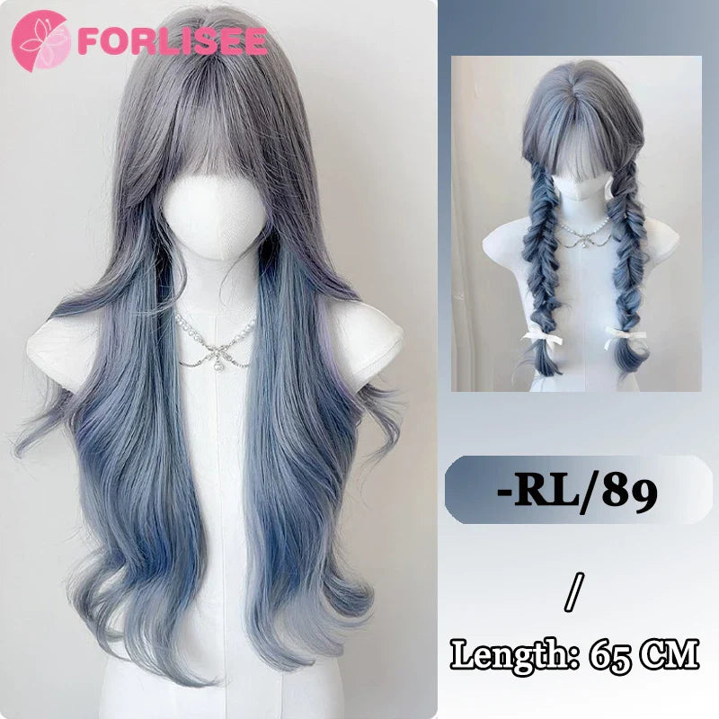 Pink Blonde Highlights Long Wavy Wig Synthetic Colorful Lolita Cosplay Hair Wigs with Bangs for Women Heat Resistant Daily Use