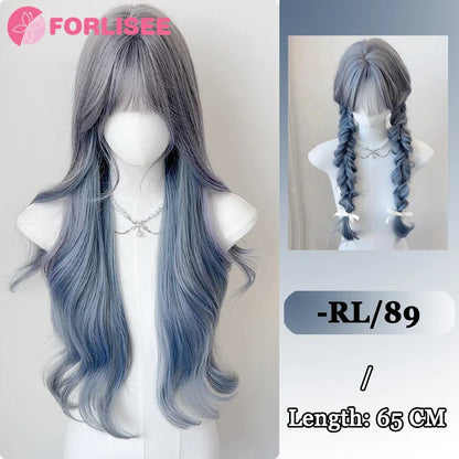 Pink Blonde Highlights Long Wavy Wig Synthetic Colorful Lolita Cosplay Hair Wigs with Bangs for Women Heat Resistant Daily Use