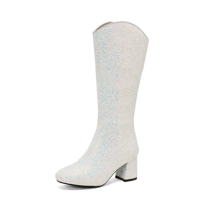 Bottes Hautes Scintillantes pour Femme, Ajustement Confortable, Talons 6,5 cm, Hiver 2024