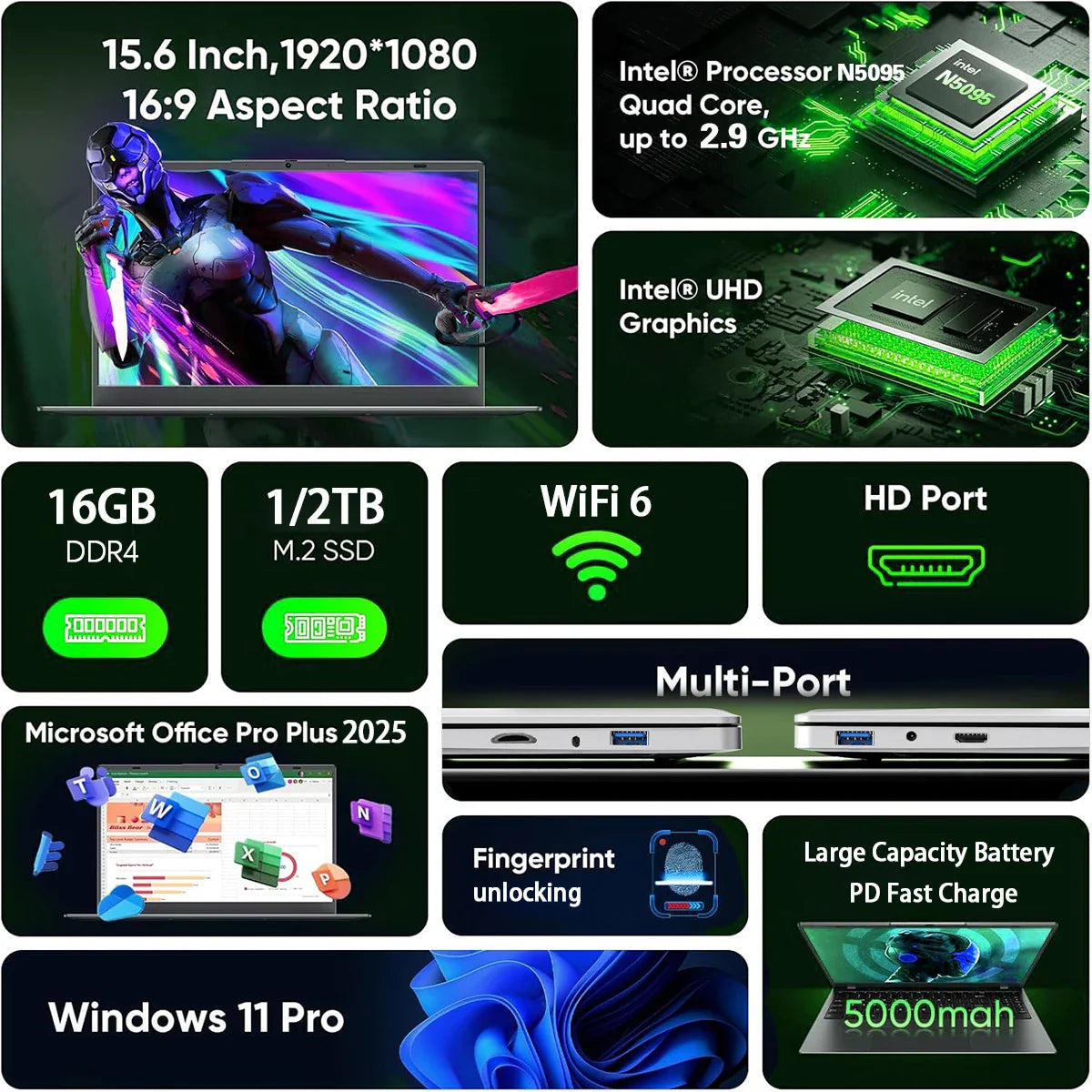ACEKAMAS 15.6" Laptop Computer Intel Celeron N5095 Windows 11 Pro Laptops Gamer 1080P 16GB DDR4 1TB SSD Office Study Notebook PC