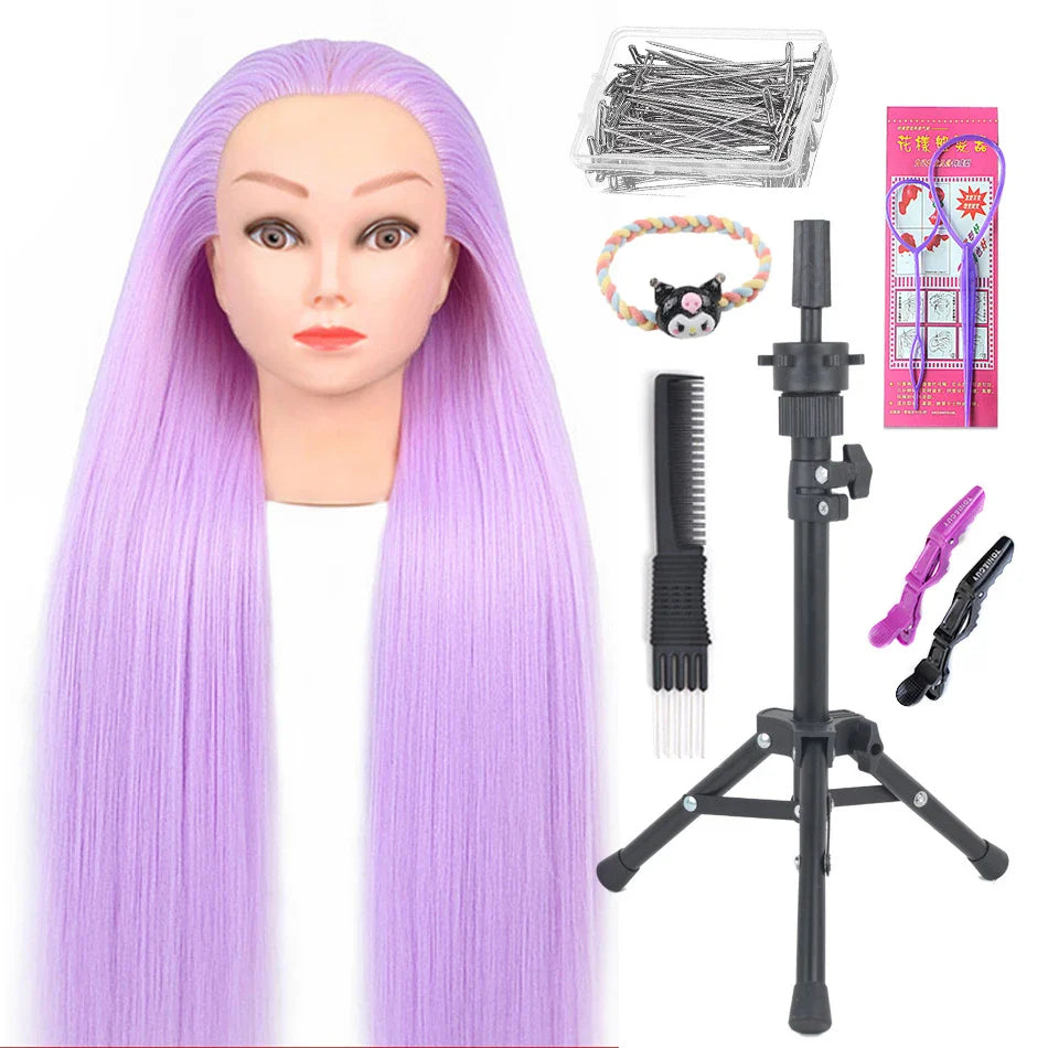 Tête de mannequin à cheveux longs synthétiques avec support de trépied de perruque réglable Modèle avec tête de mannequin Formation de coiffeur coiffant