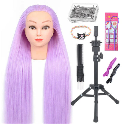 Tête de mannequin à cheveux longs synthétiques avec support de trépied de perruque réglable Modèle avec tête de mannequin Formation de coiffeur coiffant